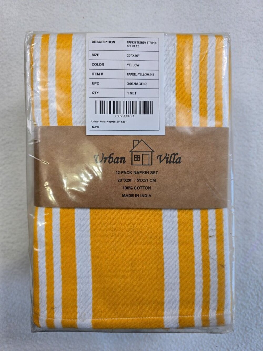 NEW Urban Villa 20x20 Yellow & White Cotton Napkin Set 12 Pack
